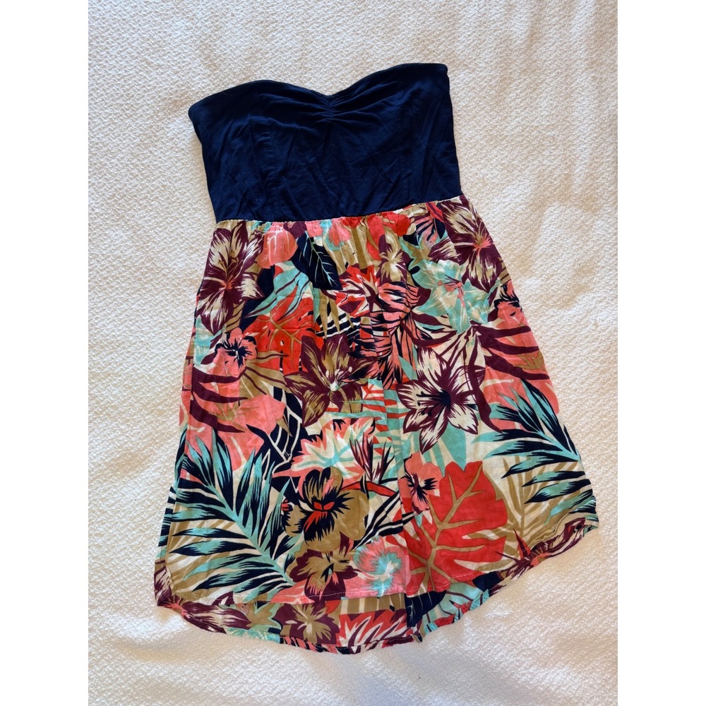 Roxy Strapless Mini Dress Navy Blue Tropical Floral Sweetheart Sun Dress Large